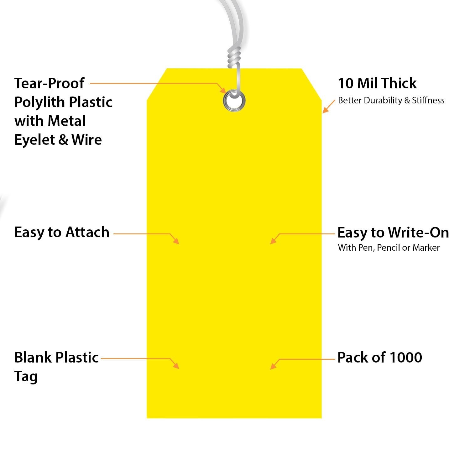 1000 Yellow Writable Plastic Tags with Wires – 4.75×2.375 inch, Tear-Proof, Meta