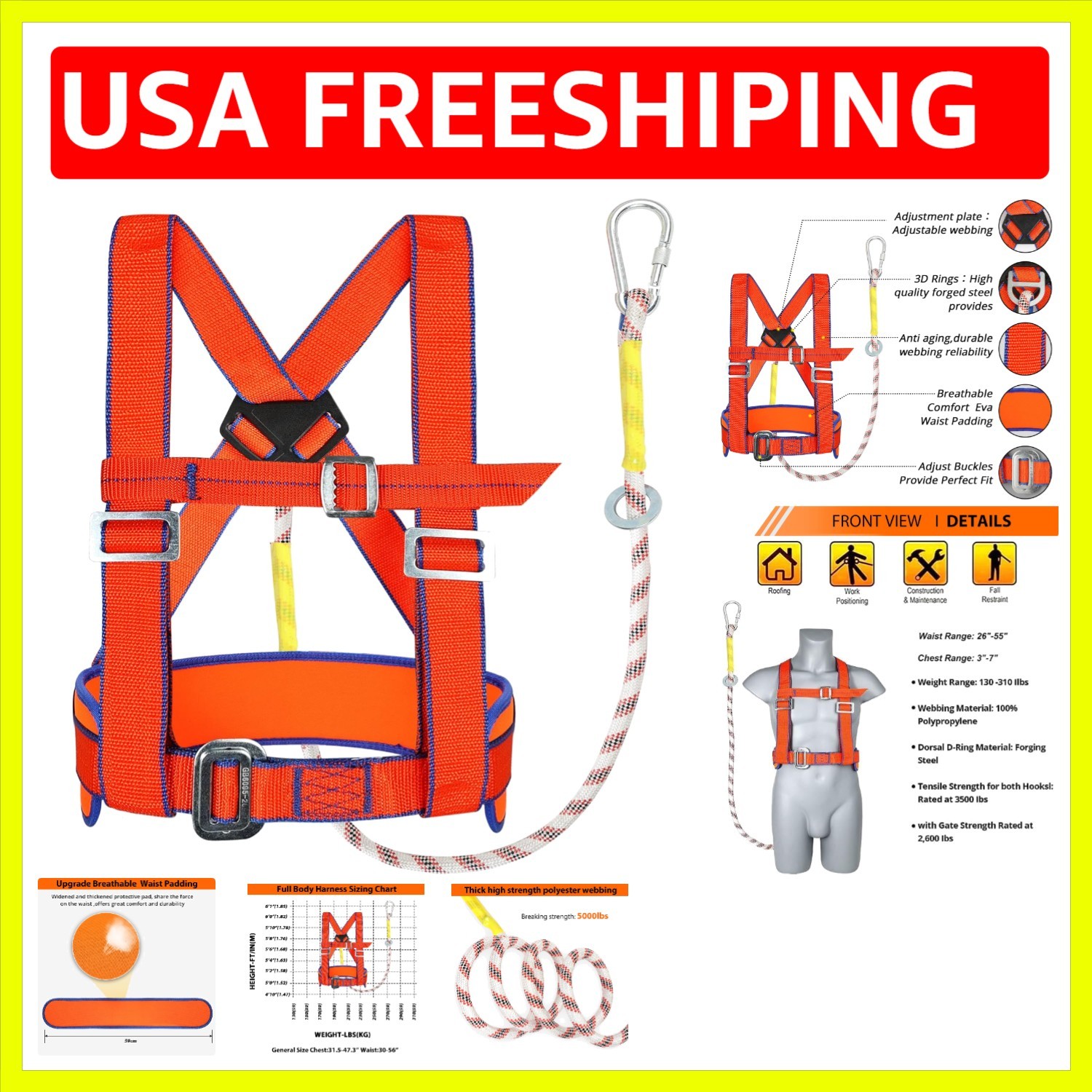 Safety Harness Fall Protection – Half-Body Roofing Harness kit with 6 ft Lany…