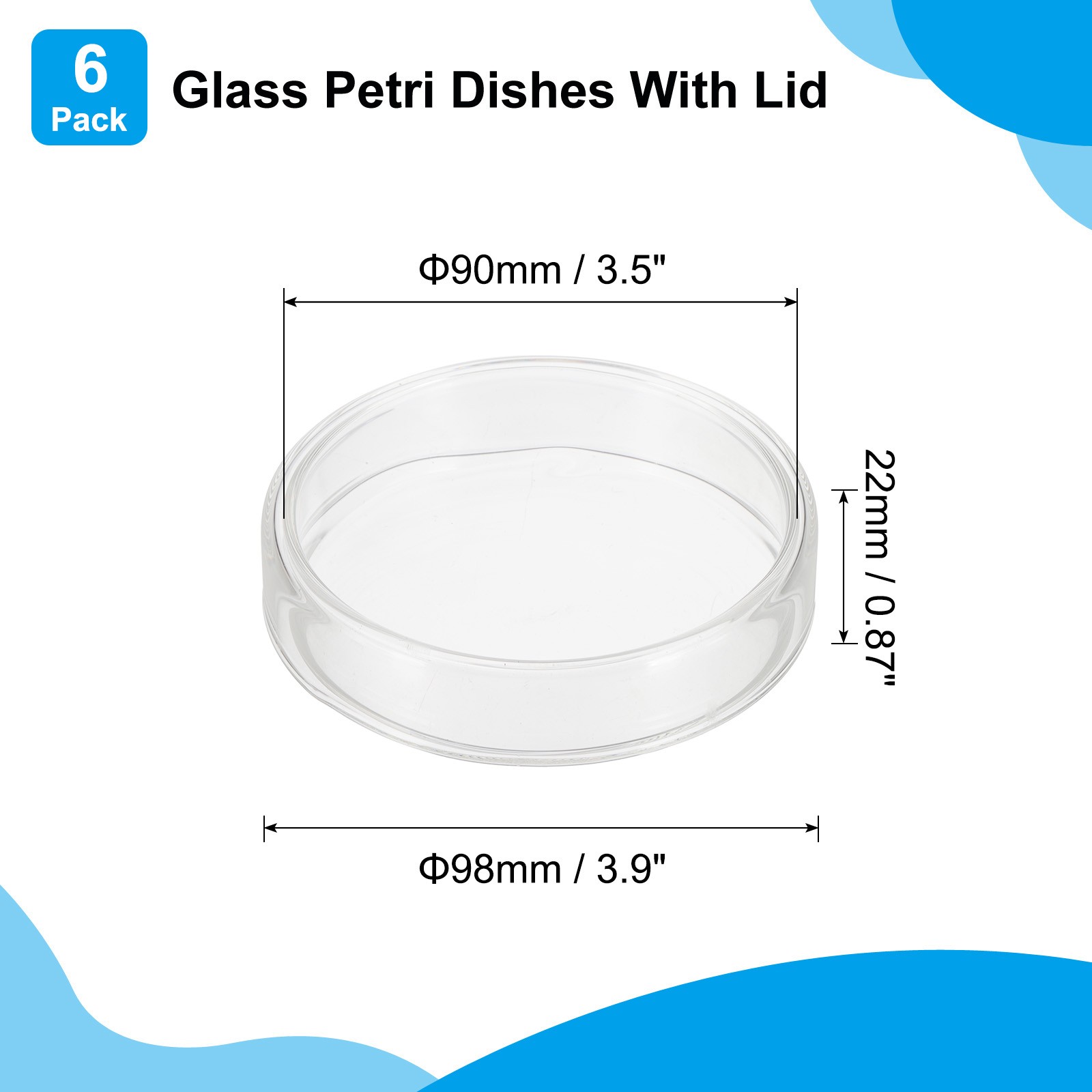 90mm/3.54inch 6Pcs High Borosilicate Glass Petri Dishes for Lab, Clear