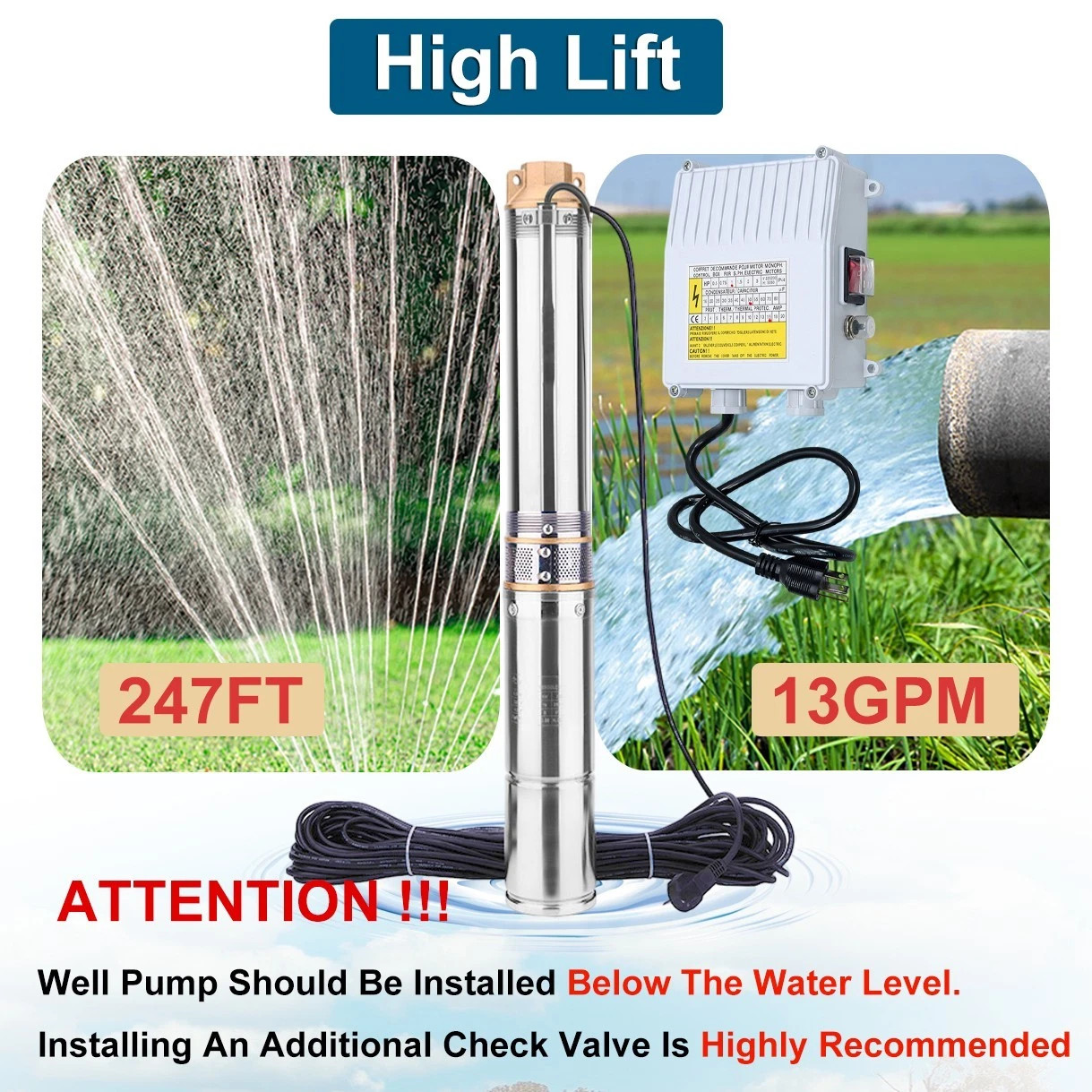 3inch 3/4 HP Deep Well Submersible Pump 110V 13 GPM 247 ft MAX 60Hz 33FT Cord