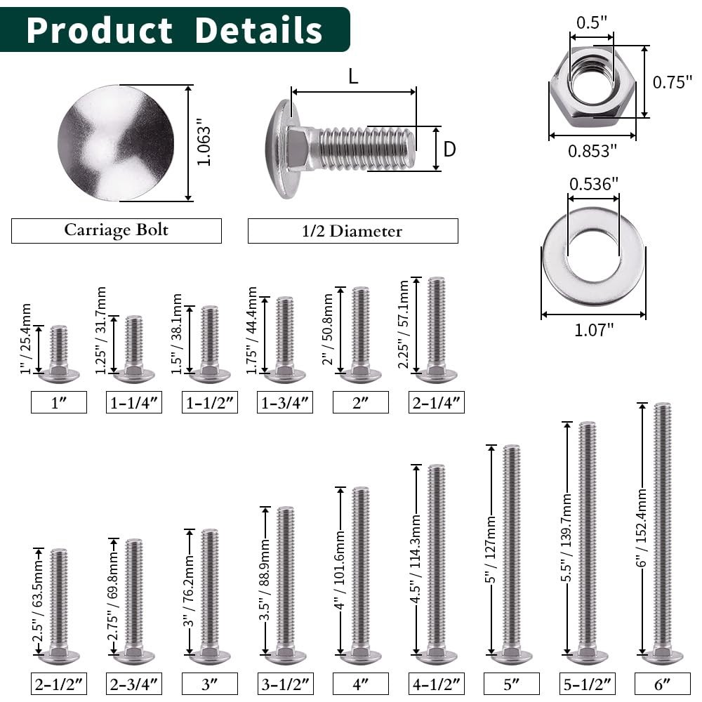 4 Sets 1/213×31/2 Inch Carriage Bolt Kit 304 Stainless Steel Hex Nut