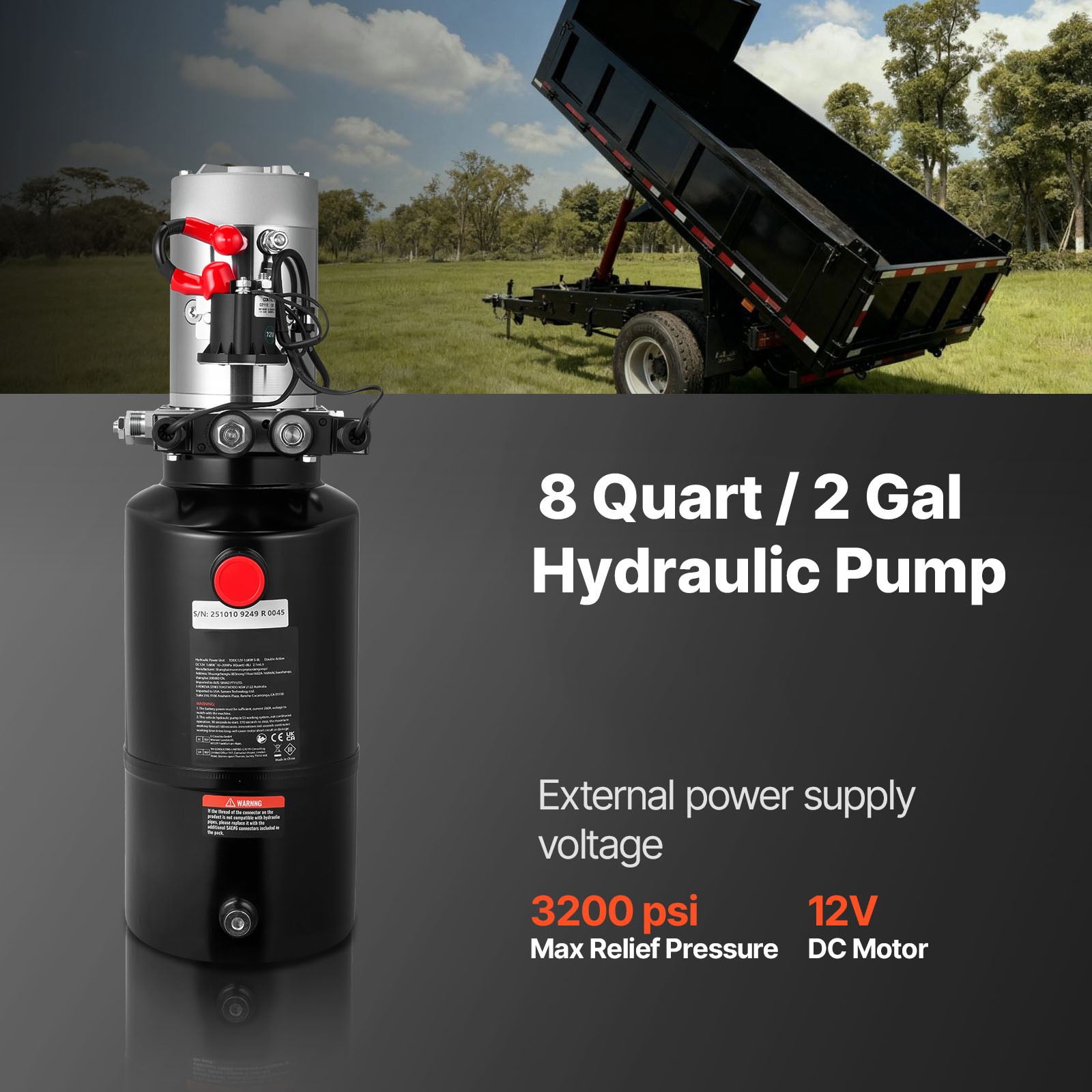 Uimoso 8 Quart Double Acting Hydrauli Pump DC 12V Dump Trailer Power Unit SAE#6