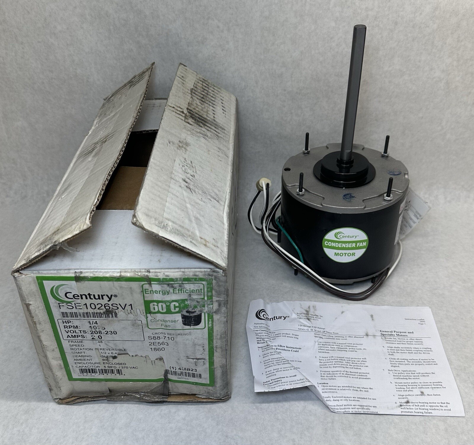 NEW Century FSE1026SV1 Condenser Fan Motor, 208/230V, 1/4 HP, 1075 RPM