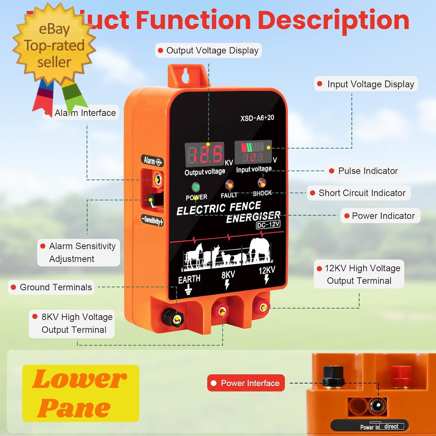 5.5J Electric Fence Charger Energizer, 5.5 Joules 10 Miles, AC DC 2 in 1 Powered