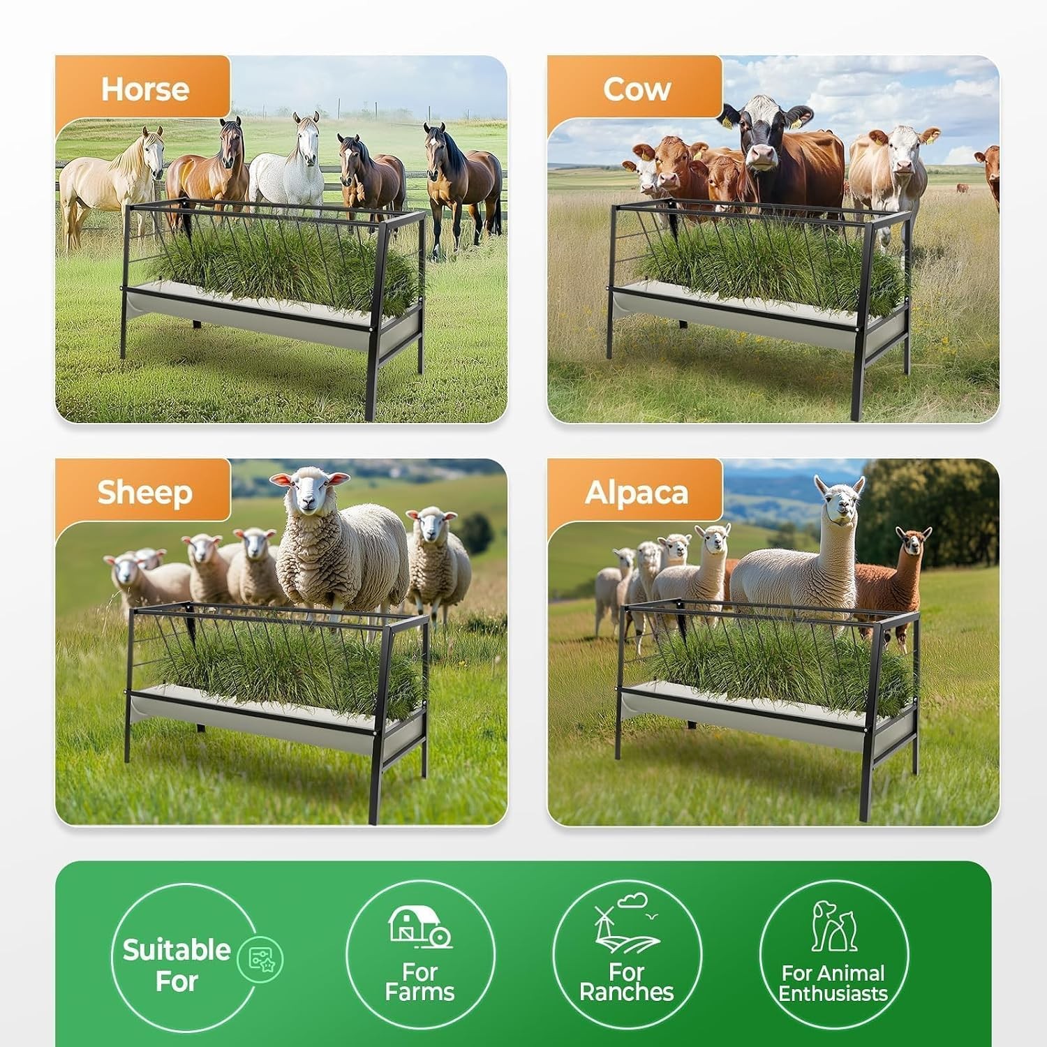 Pasture Hay Feeder 2 in 1 55 Gallon Livestock Feed Trough with 22 Gallon Feed