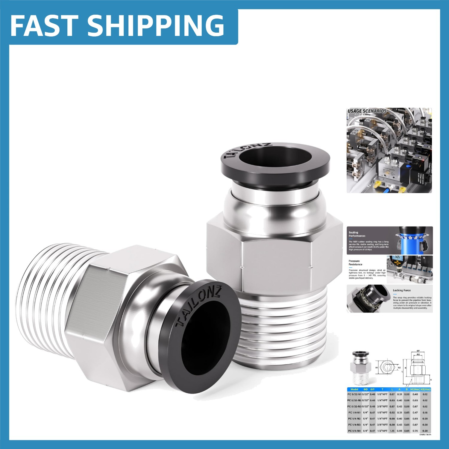 10 Male Straight Push Connect Fittings – 1/4″ OD & NPT – Copper/Plastic