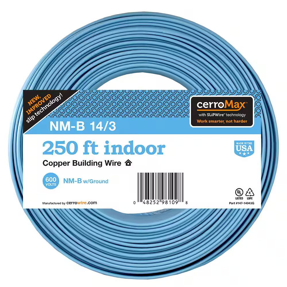 14/3 copper wire 250ft roll, different brands and colors for electricians