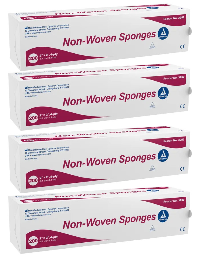 3252 2×2 4-Ply Non-woven Sponges, NonSterile, Dynarex, 800 ct, 4 Packs