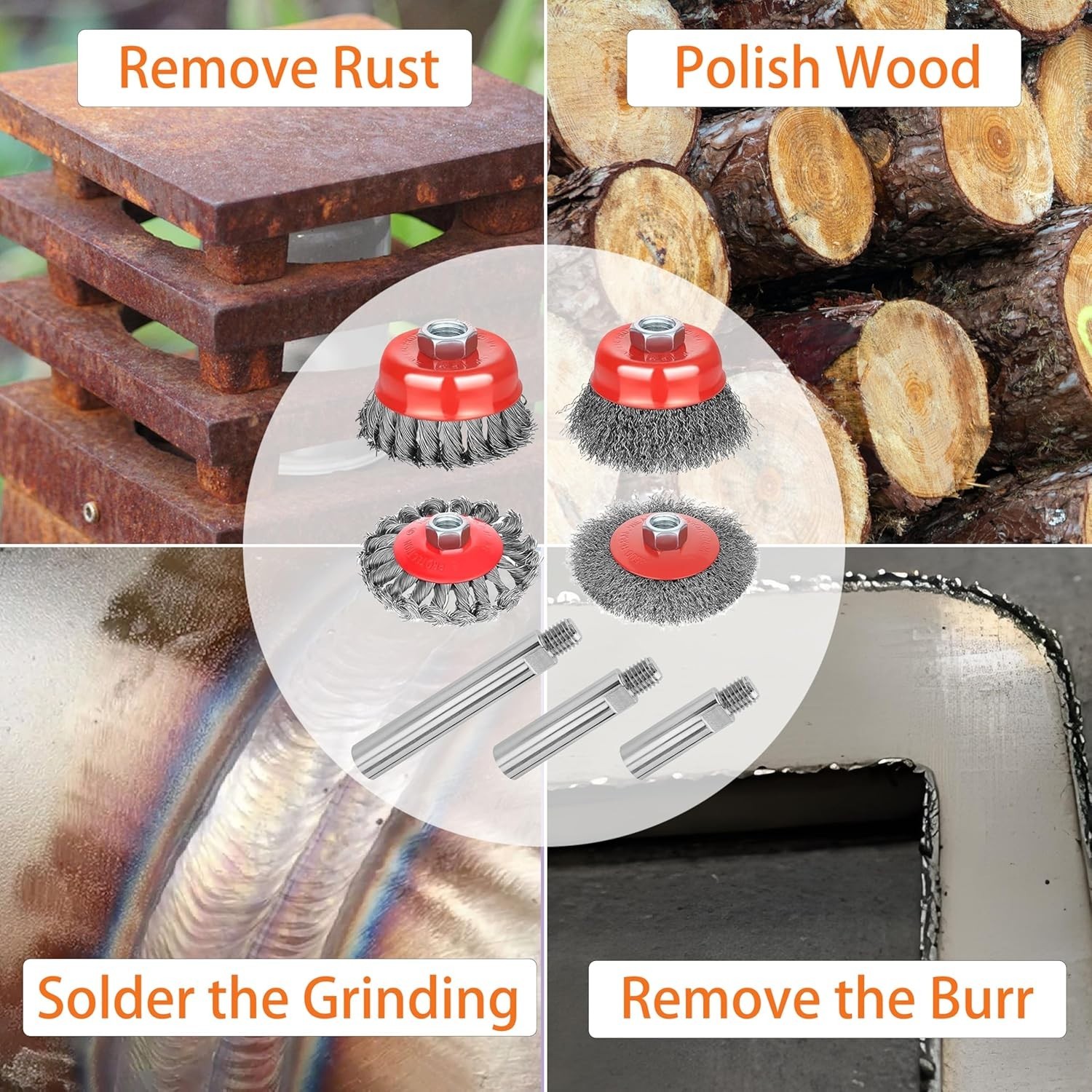 Wire Wheel Brush Set for Angle Grinder Coarse Rust Removal Surface Prep
