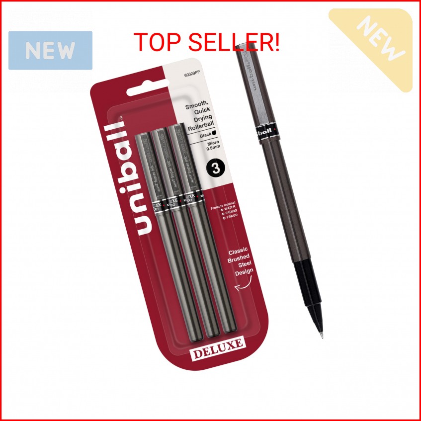 Uniball Deluxe, Black Rollerball Pens – 0.5mm Micro Point, Pack of 3