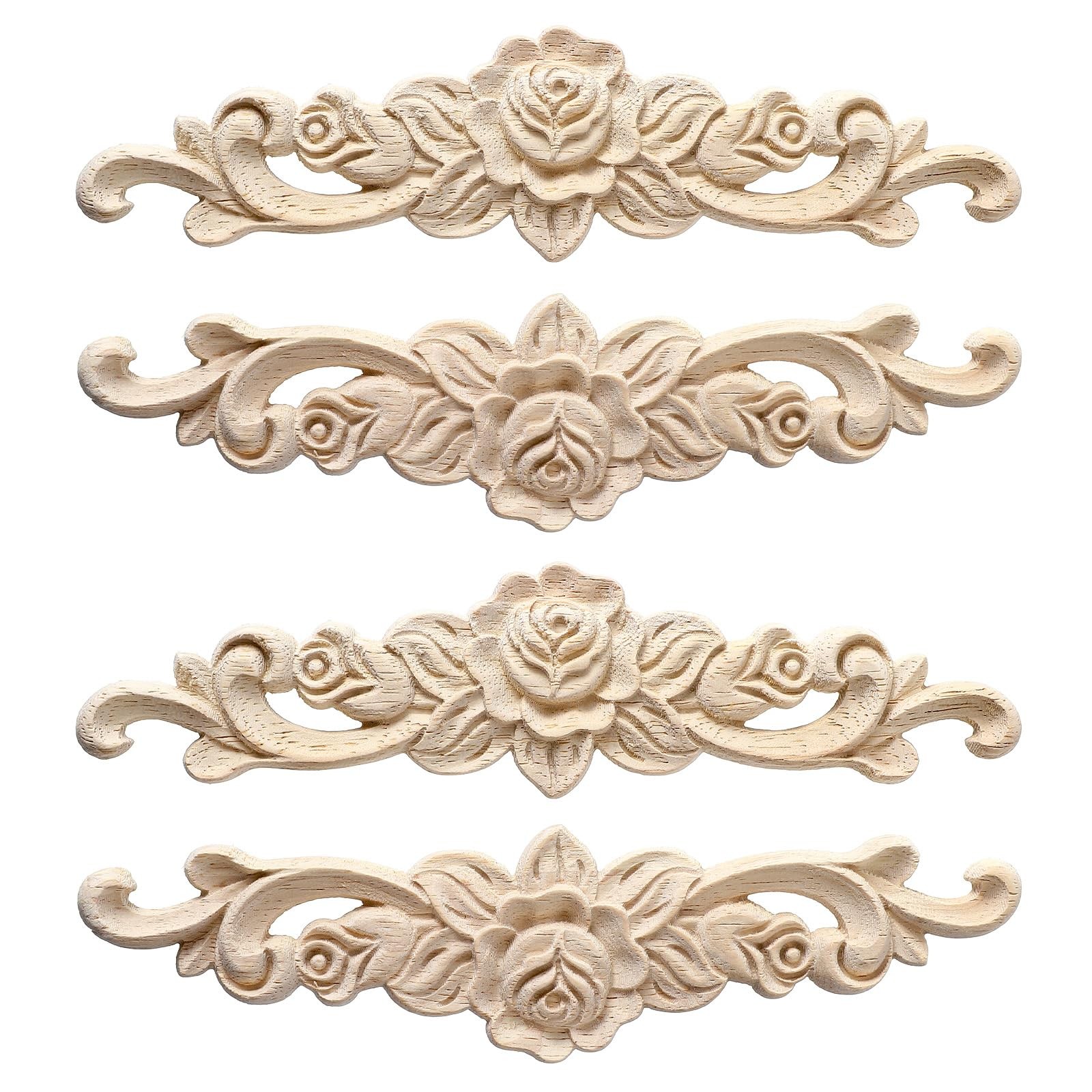 4pcs Wood Appliques Onlays Decorative Wooden Applique for Furniture Long Wood…