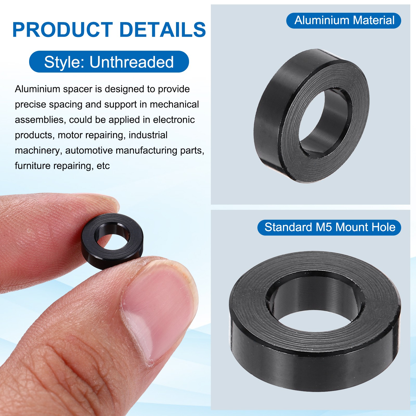 Aluminium Spacer, M5 3/16″ ID x 3/8″ OD x 1/8″ L, (Pack of 4)