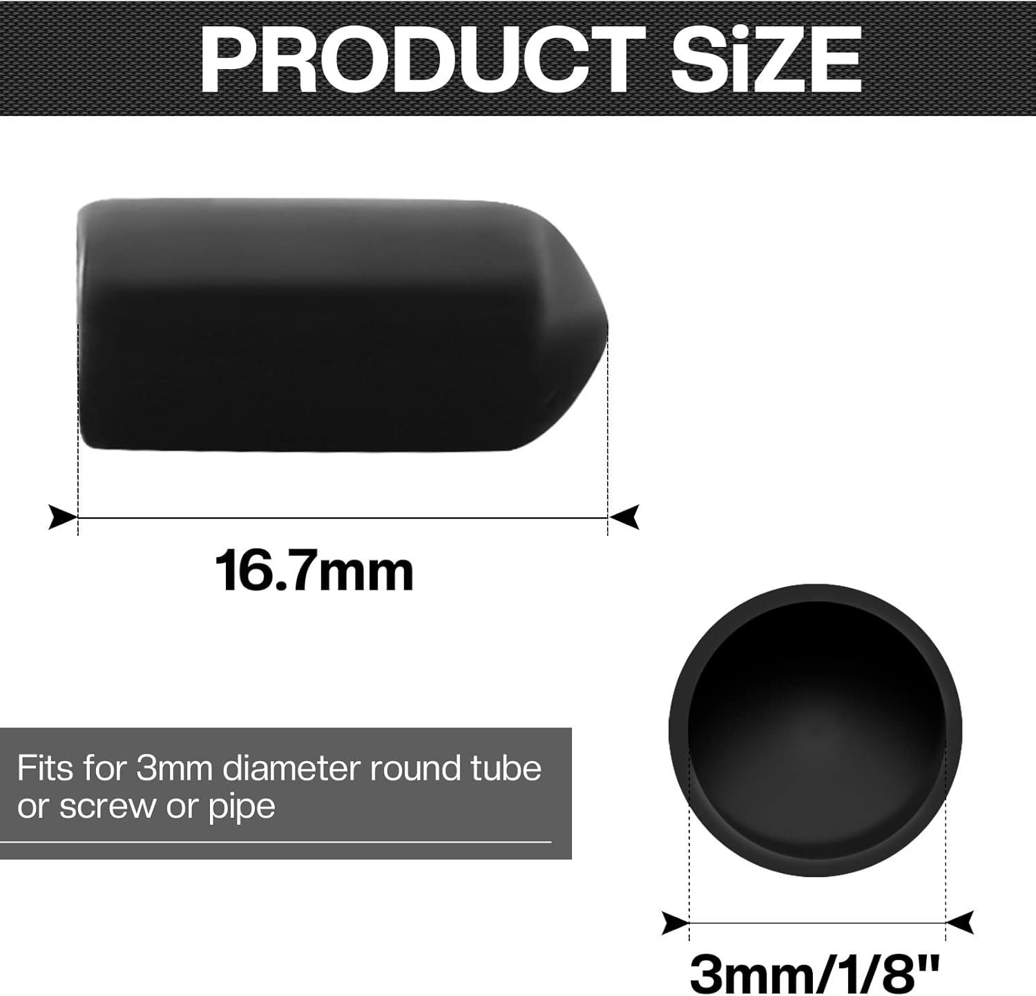 60PCS Round Rubber End Caps 1/8 inch/3mm Screw Thread inch (3mm), Black