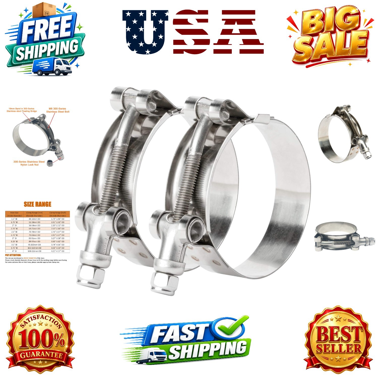 2 Pack 3.25 Inch Stainless Steel T-Bolt Hose Clamps, Clamp Range 89-97mm for …