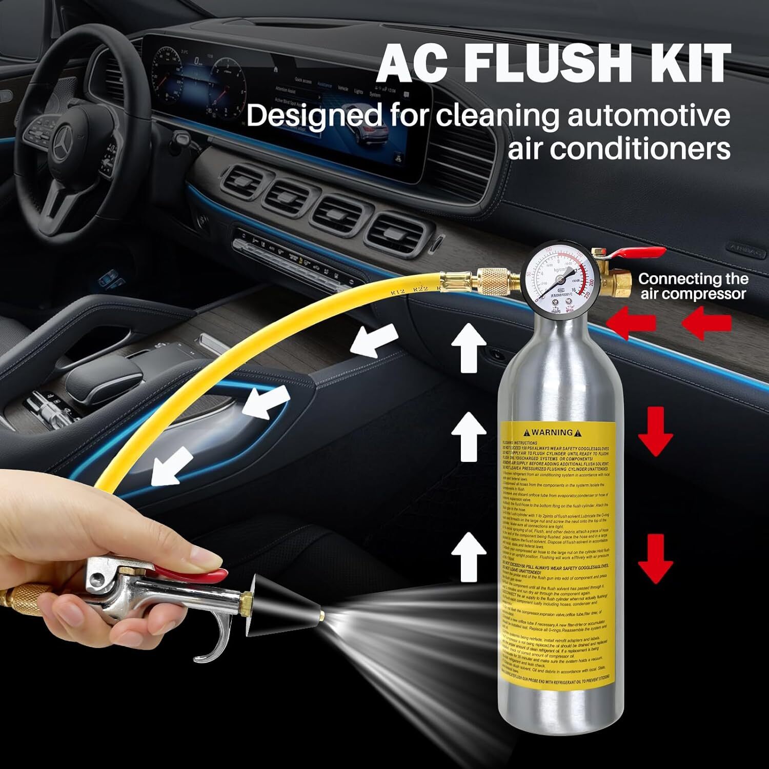 AC Flush Kit, Air Conditioner System Flush Canister Kit with Pressure Gauge