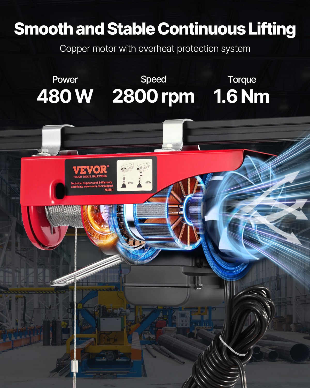 VEVOR Electric Hoist 440lbs Crane Winch with Wired Remote Control 480W 110V