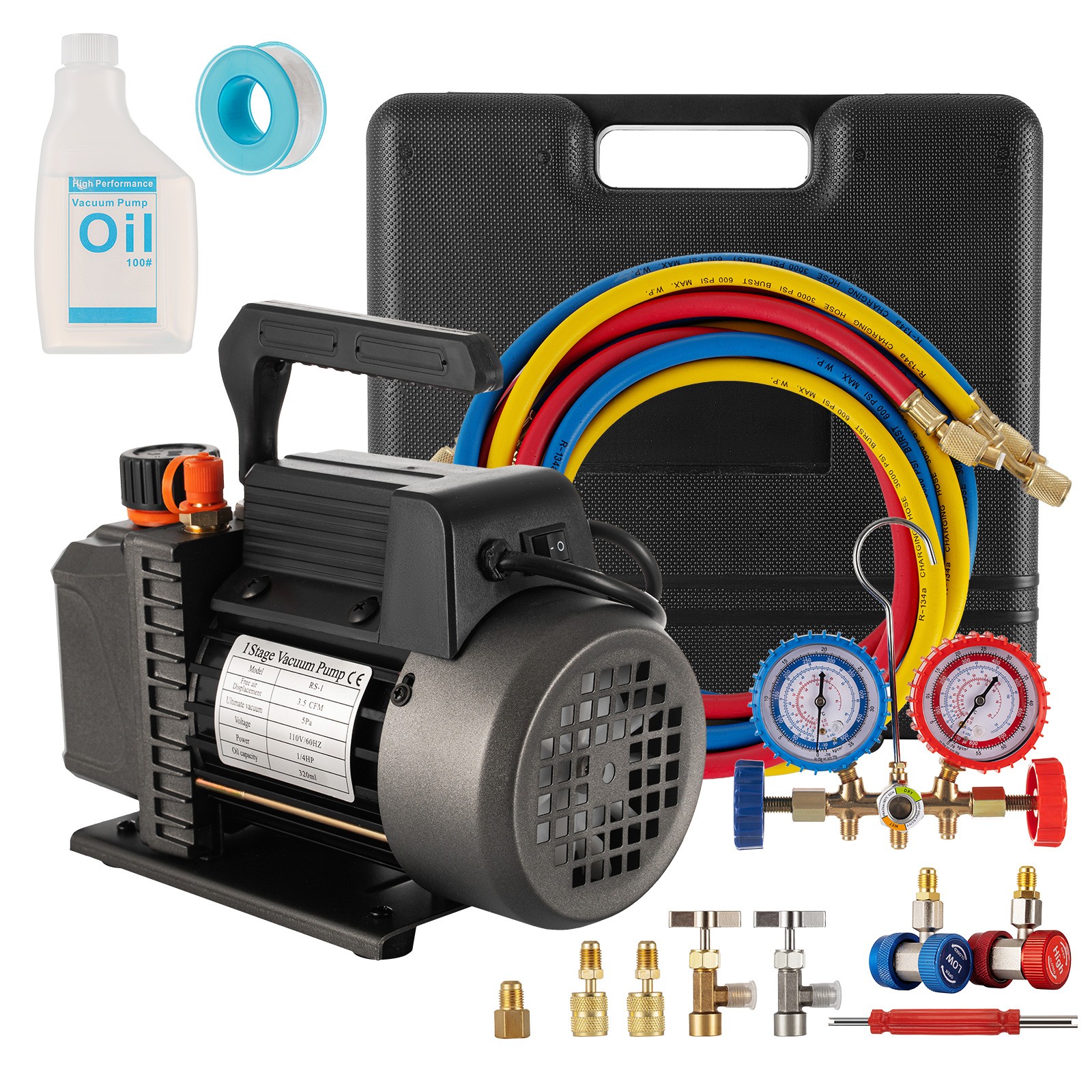3,5CFM 1/4HP Air Vacuum Pump HVAC &R134A R410a R22 Kit AC A/C Manifold Gauge Set