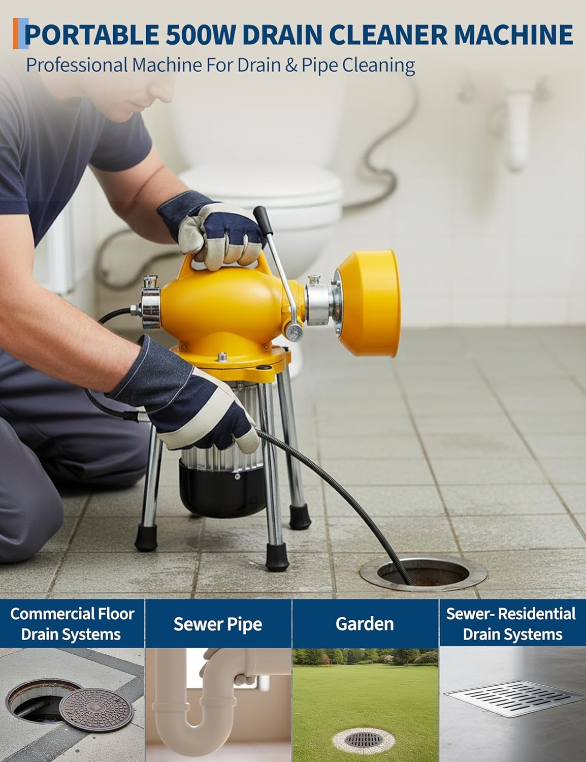 GRAVEE 66FTx5/8″&16FTx3/8″ 500W Drain Cleaner Machine Sectional Snake Auto Feed