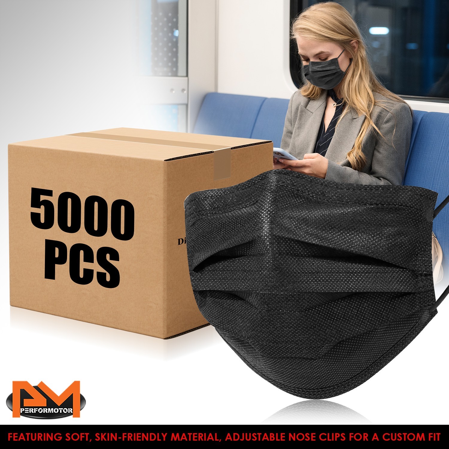 5000Pcs [Case of 100 Boxes] – Black 3-Ply Disposable Face Mask Protective Cover