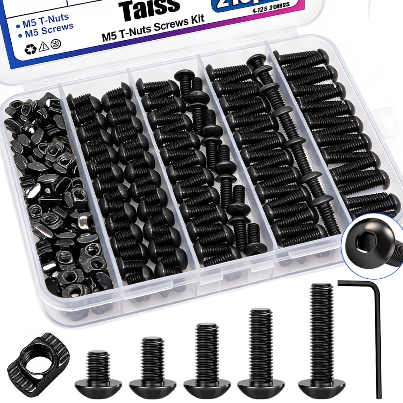 Taiss 210PCS M5 T-Nuts and Bolts Kit for 2020 Aluminum Extrusion Hardware,Hammer