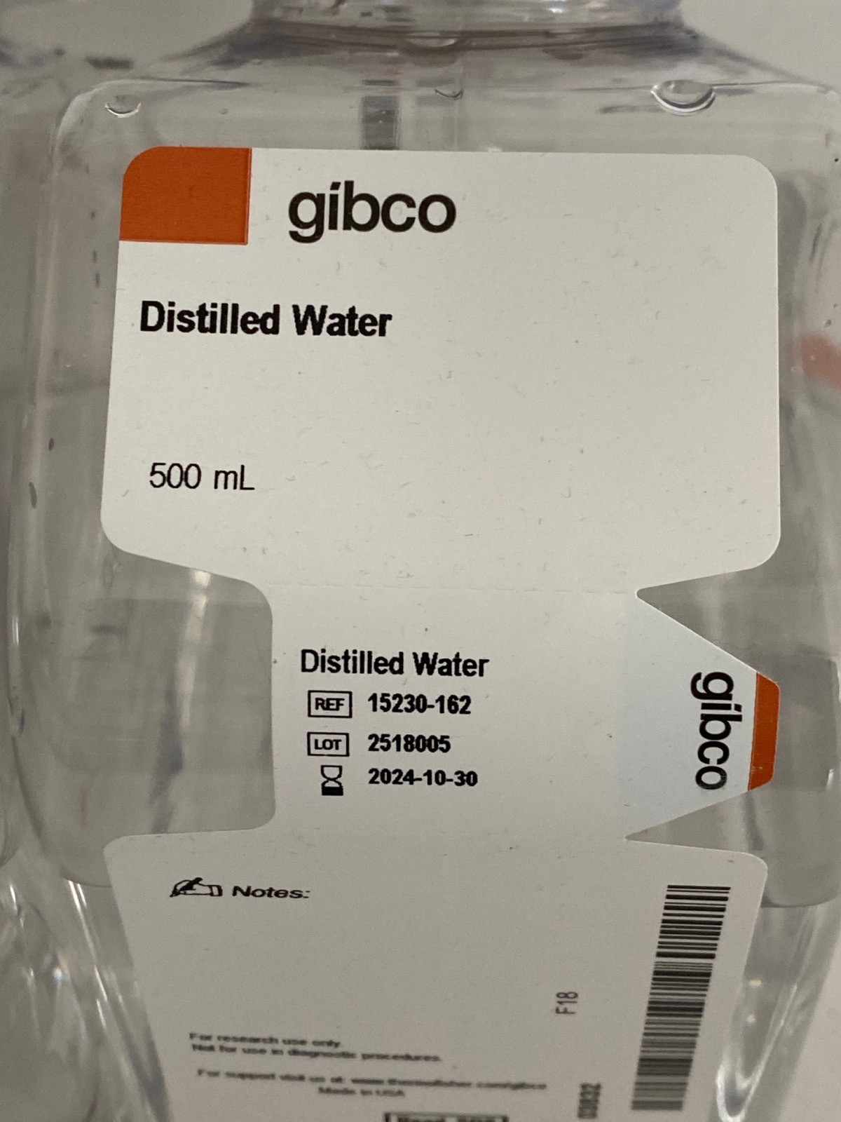 (14) GIBCO 100mL & 500mL Laboratory Distilled Water Bottles 15230-162 15230-170