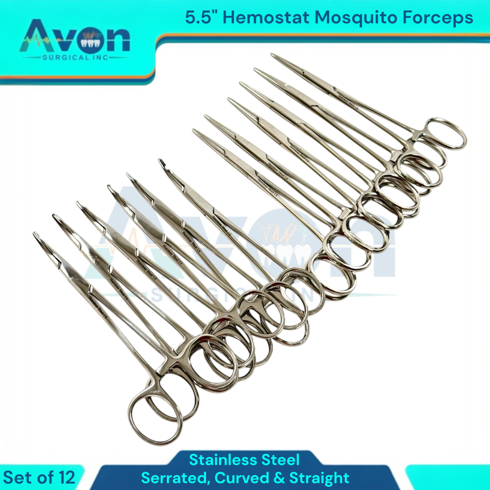 5.5in Hemostat Locking Mosquito Forceps Clamps | Cur+Str, Serrated | 12pc Lot