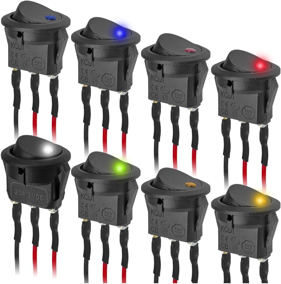 8PCS 12V 20A LED Light Circle round Toggle Rocker Switch, SPST 3 Pin KCD1 On-Off