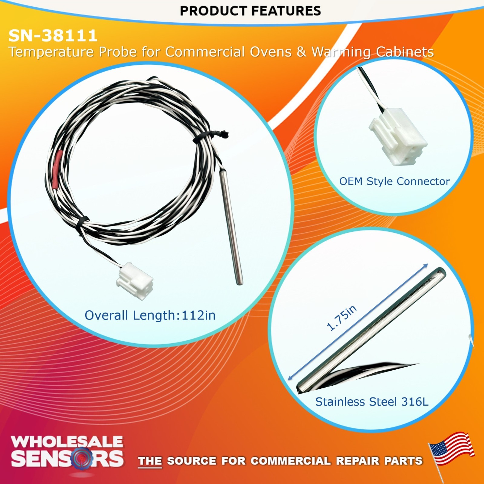 Replacement Alto-Shaam SN-38111 Temp Control Probe, 1kOhm RTD, 12 Month Warranty