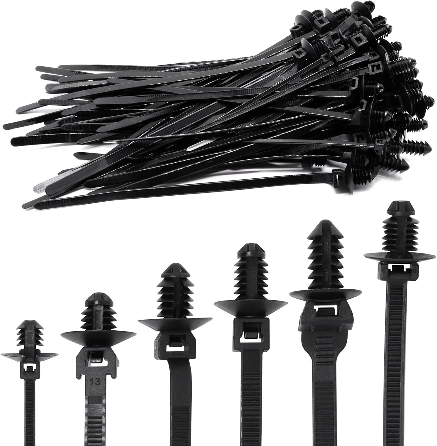 60PCS Push Mount Zip Ties Nylon Automotive Cable Ties Wire Harness Clips 6 Types