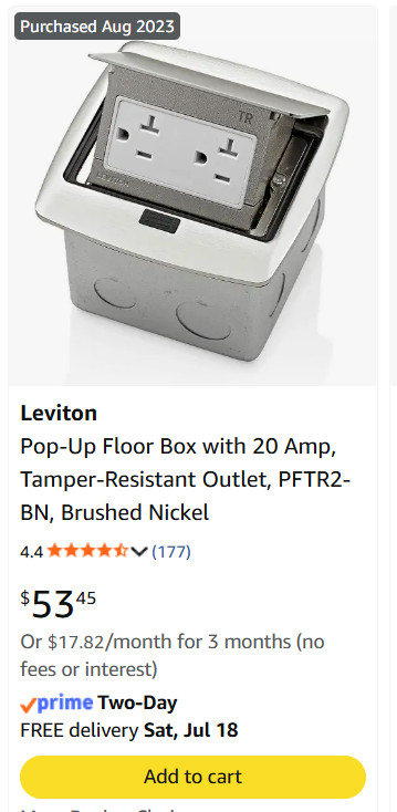 Leviton PFTR2-BN Brushed Nickel Pop-Up Floor Box TR Receptacle 20A-125V. NEW