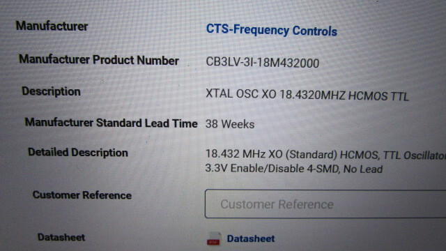 CB3LV-3L-18M43200 / 960-0009-0020DT CTS Corp XTAL OSC XO 18.4320MHZ HCMOS TTL 10