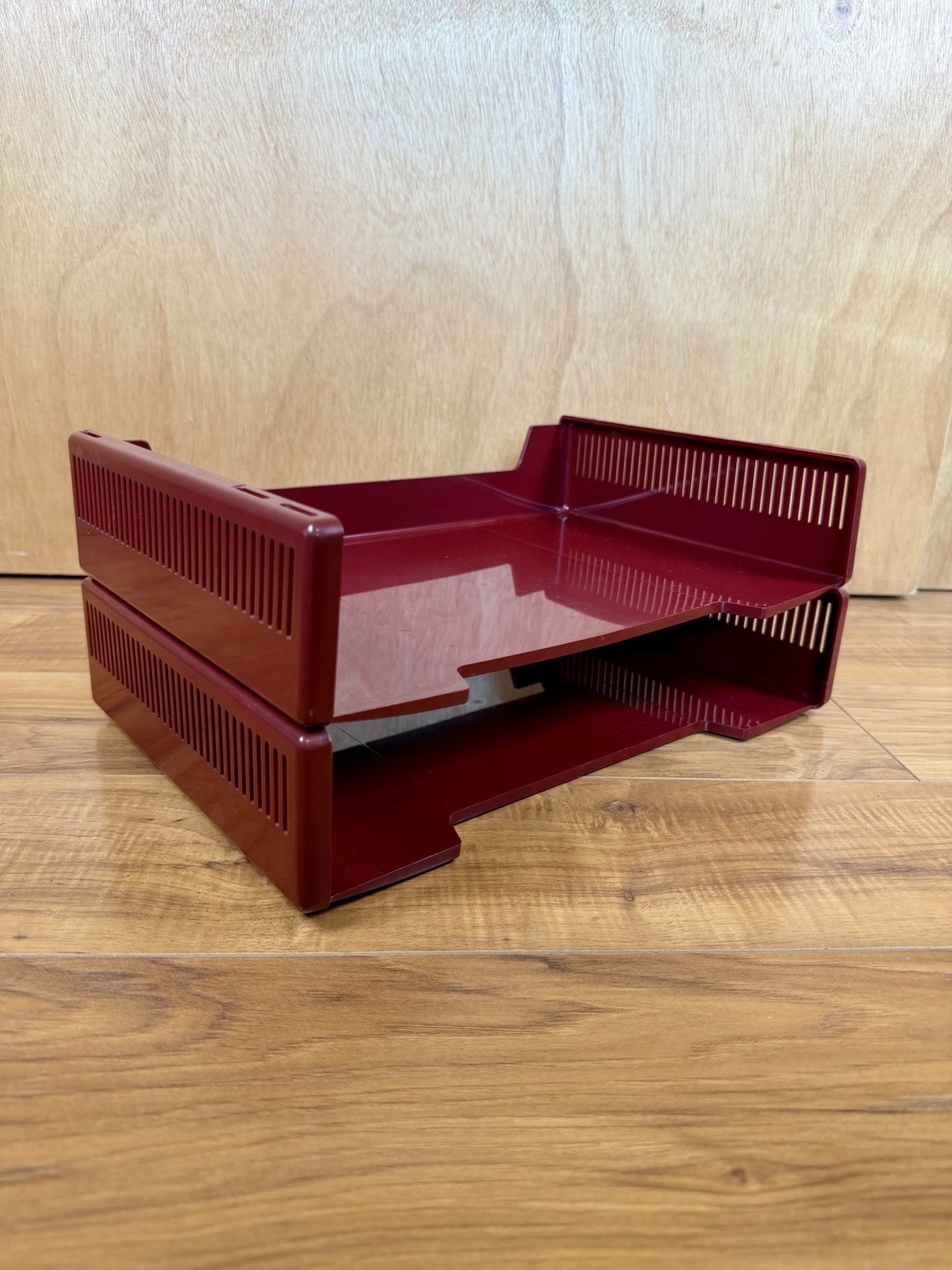 VTG 80s Tenex Stack On Desk Letter Paper Trays Maroon Burgundy MCM Organizer USA