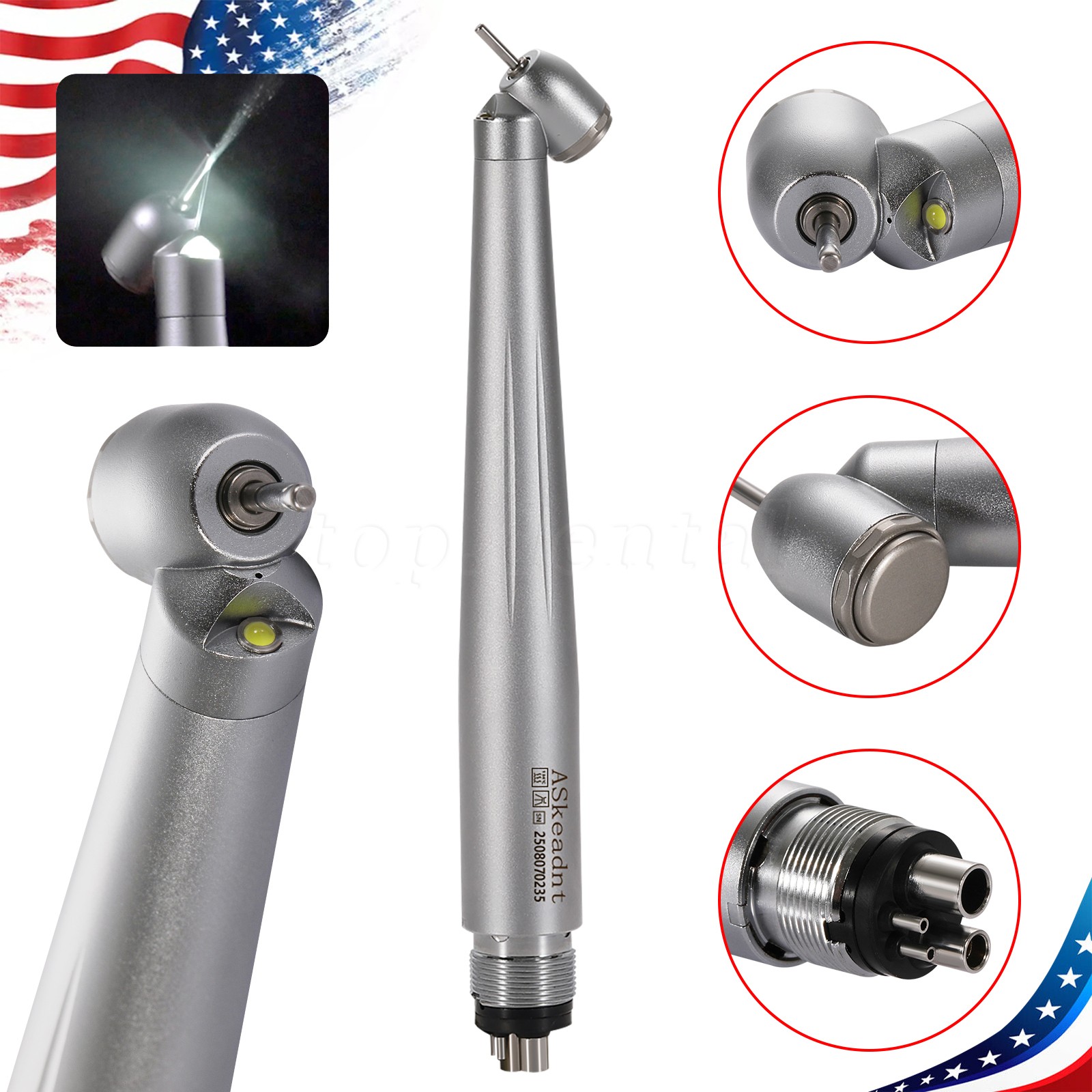 LED Dental Surgical Handpiece 45 Degree High Speed Turbine 4 Hole Rare Exhaust