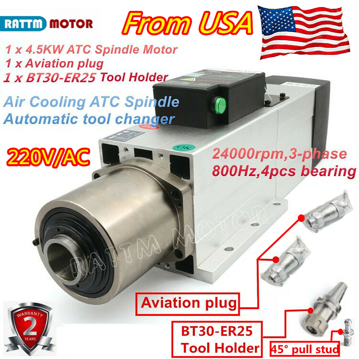 〖US〗4.5KW ATC BT30 Air Cooled CNC Spindle motor Automatic Tool Change 24000rpm