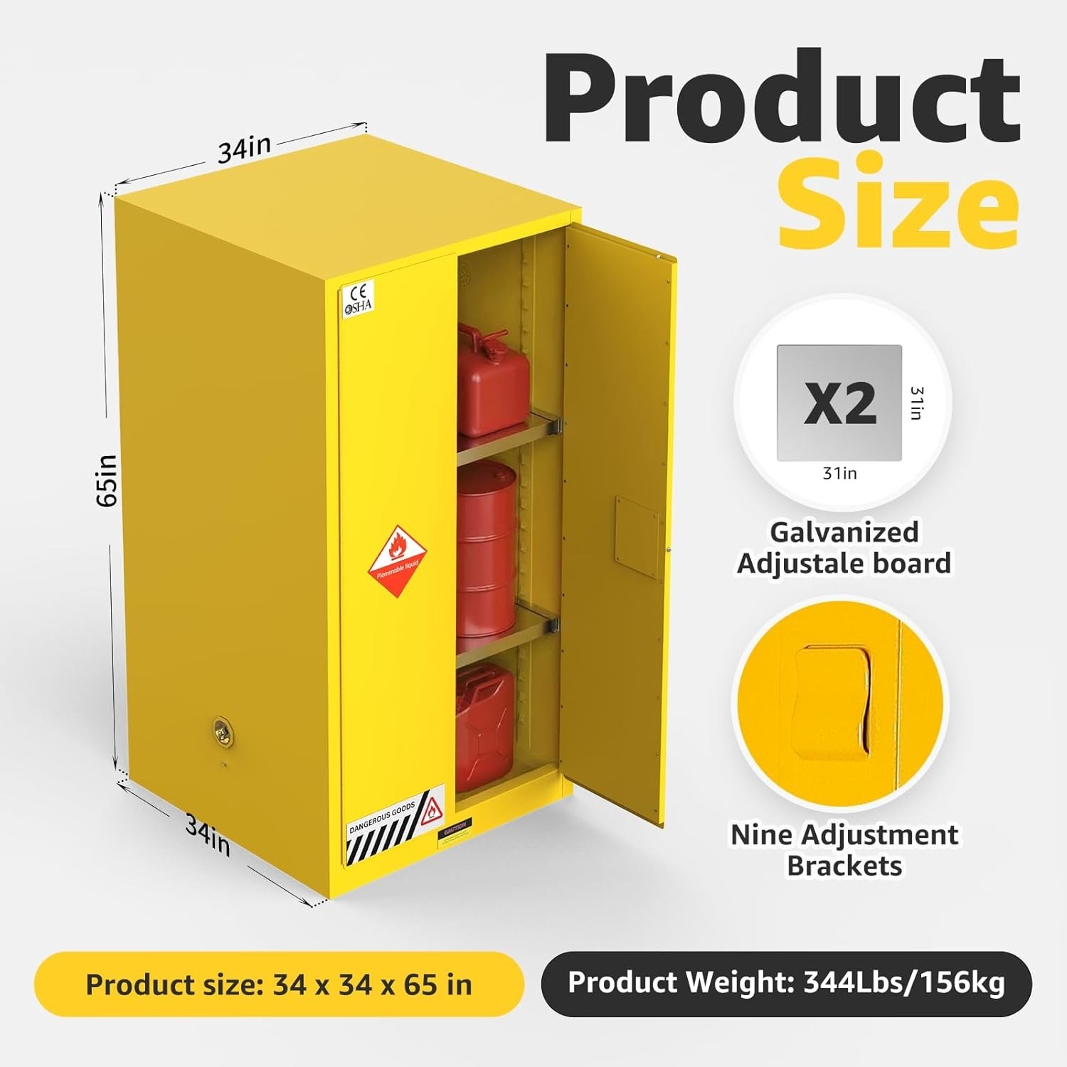 90 Gal Flammable Liquid Storage Cabinet 35»×35»×65» Fireproof Safety Cabinet