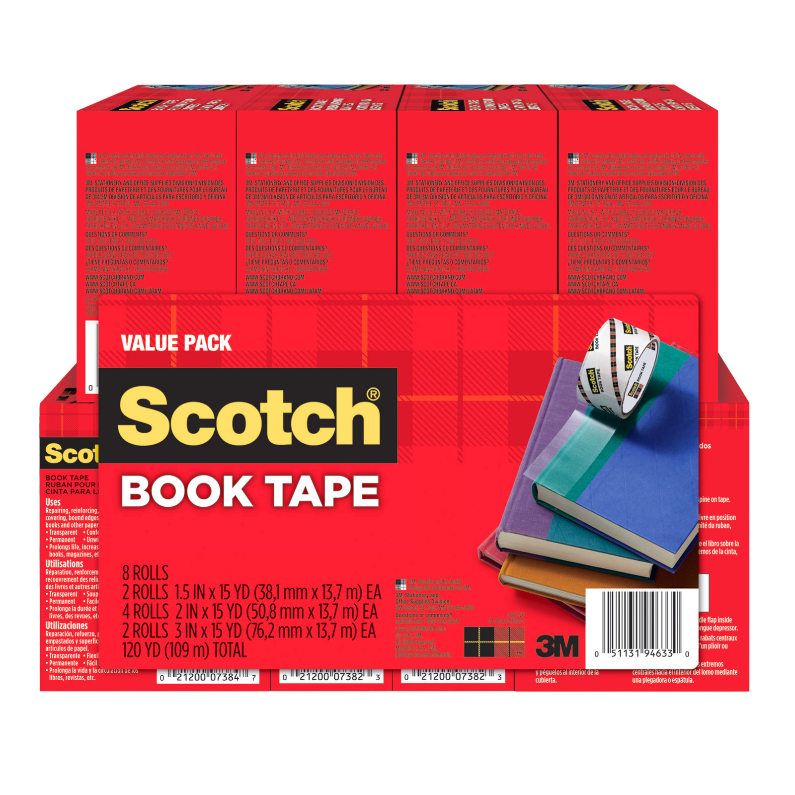 Scotch Book Tape: Value Pack / 8-pack / 2 1-1/2 in., 4 2 in., 2 3 in. (Clear)