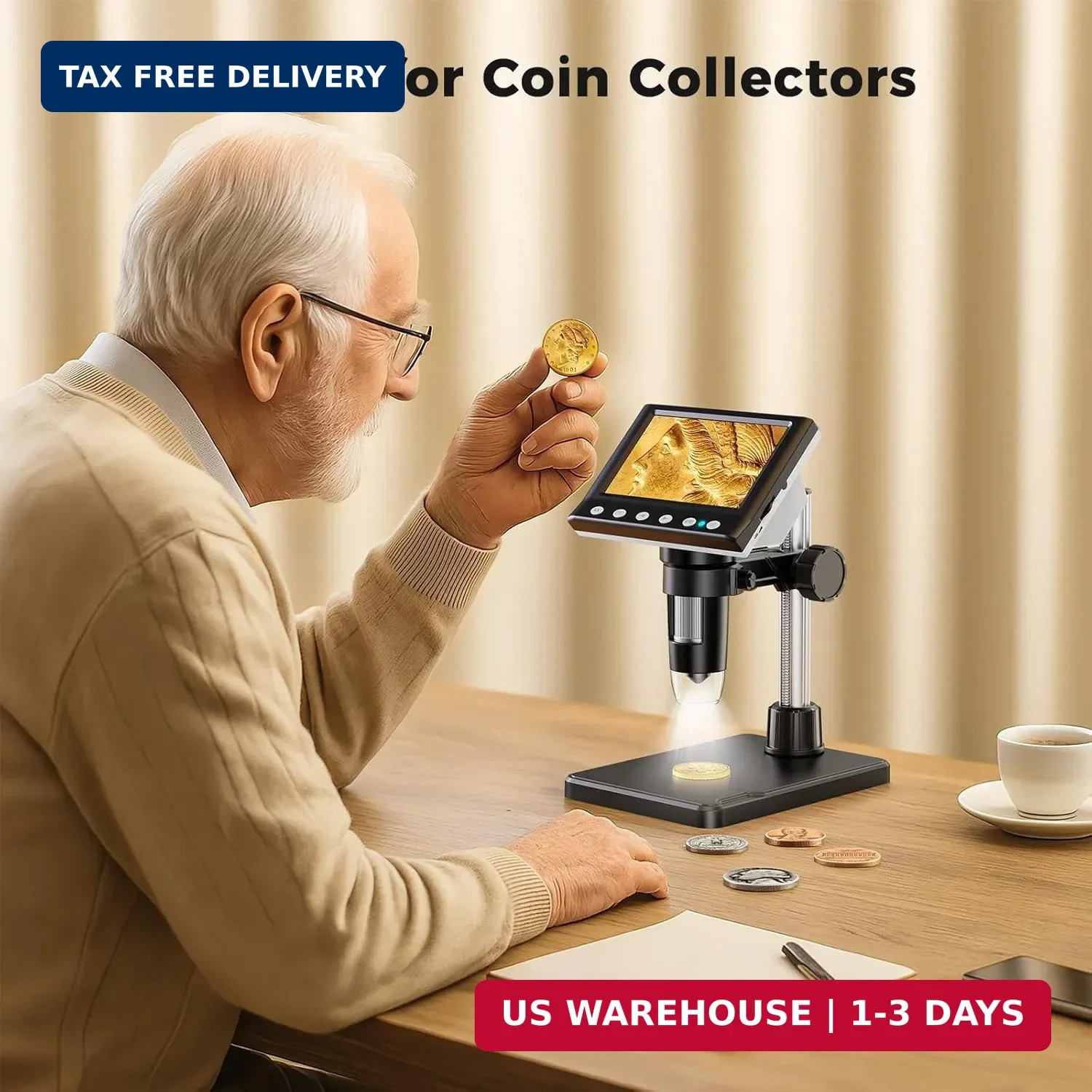 4.3 Inch LCD Digital Coin Microscope, 1000X USB Magnifier with 8 Adjustable LED