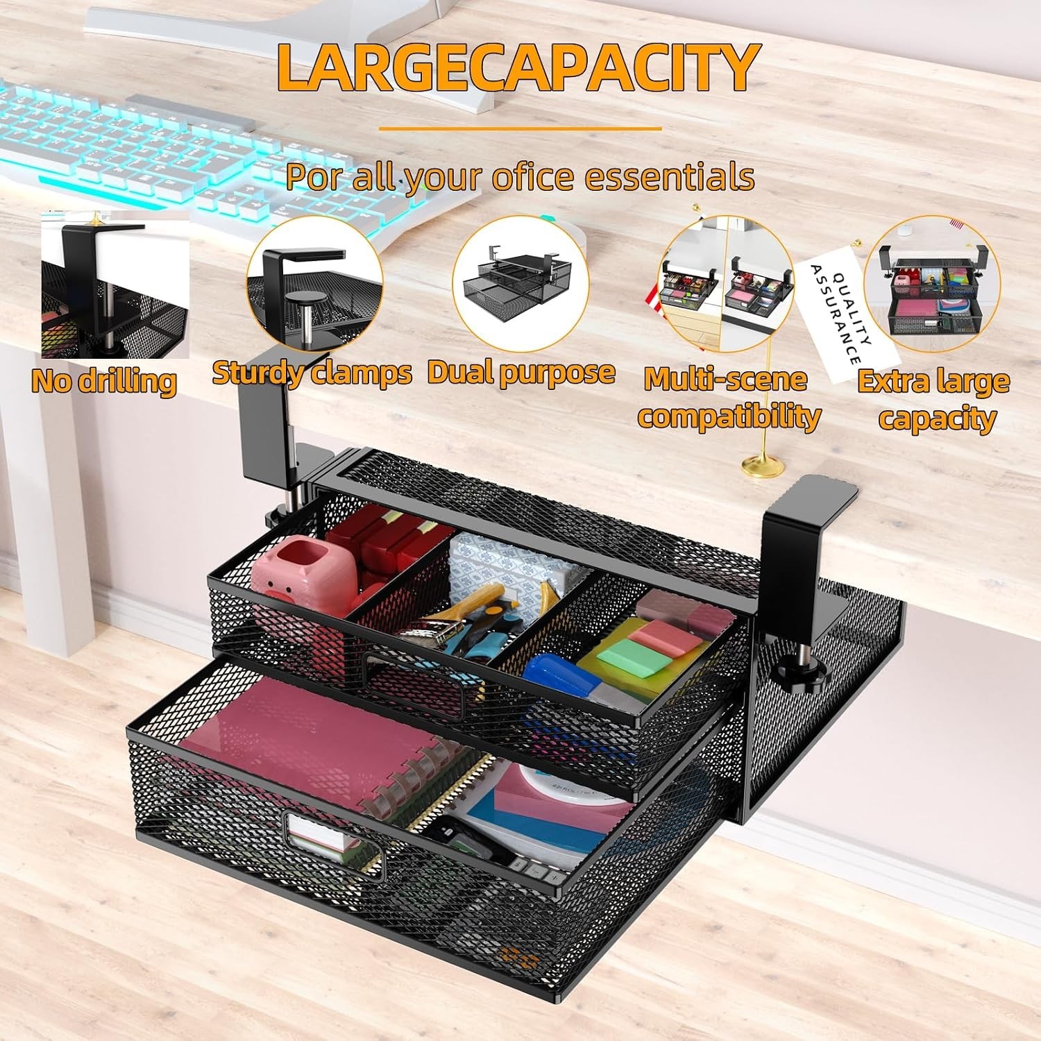 Under Desk Drawer Organizer No Drilling 2 Slide Out Drawer Under Desk Storage…
