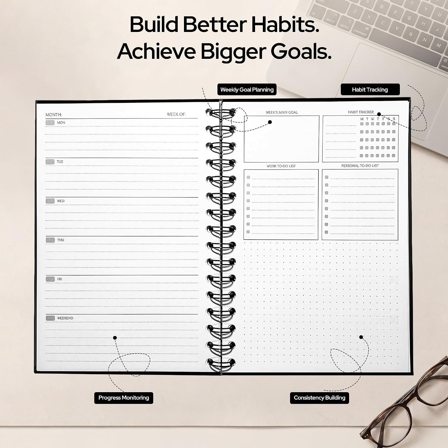 Undated Weekly Planner Notebook 2026, A5 Hardcover Weekly to Do List Notebook fo