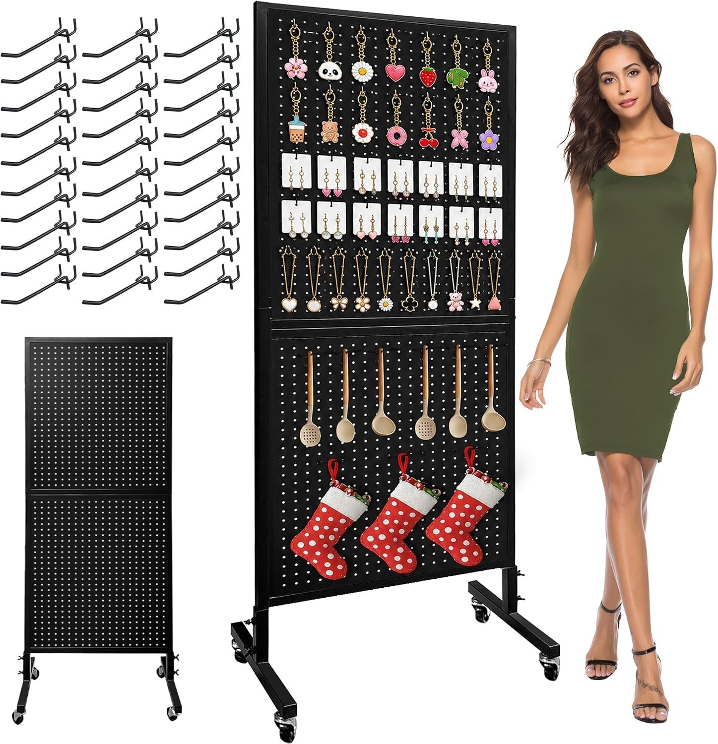 2 x 5.5 Ft Standing Pegboard Display with T-Base, Locking Wheels and 30 Hook….
