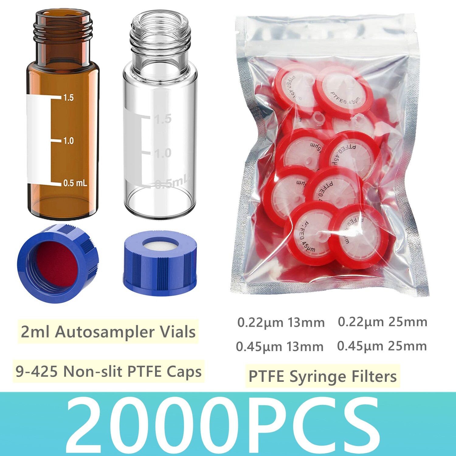 2000pcs 2mL Amber/Clear Vials Caps +0.22μm/0.45μm 13mm/25mm PTFE Syringe Filters