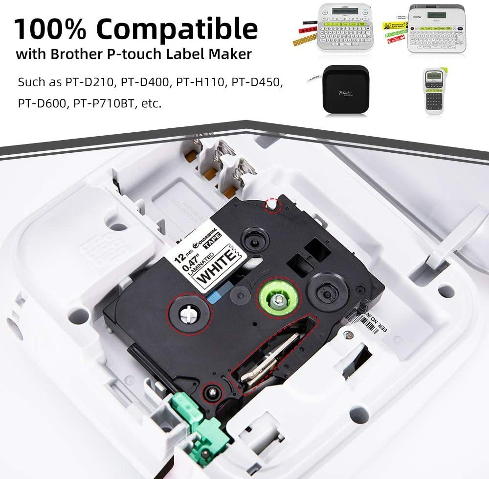 TZ TZe-231 221 241 251 6-36mm Black on White Label Tape Fit For Brother P-Touch