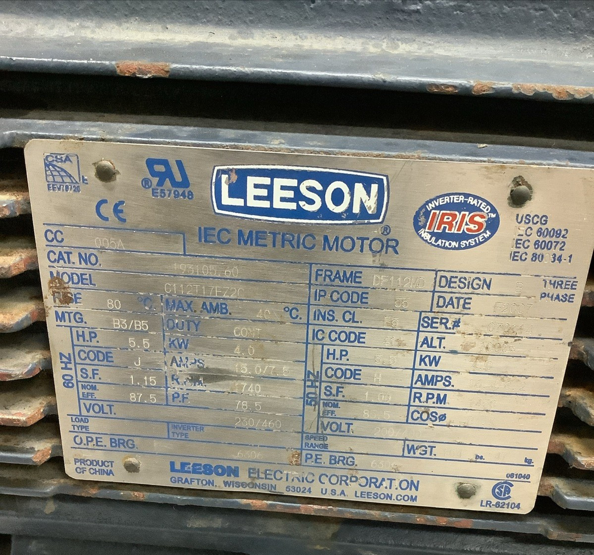 Leeson 193105.60 C112T17FZ2C IEC Metric Motor 1740/1450RPM, 3-Ph, 5-1/2HP (f22)