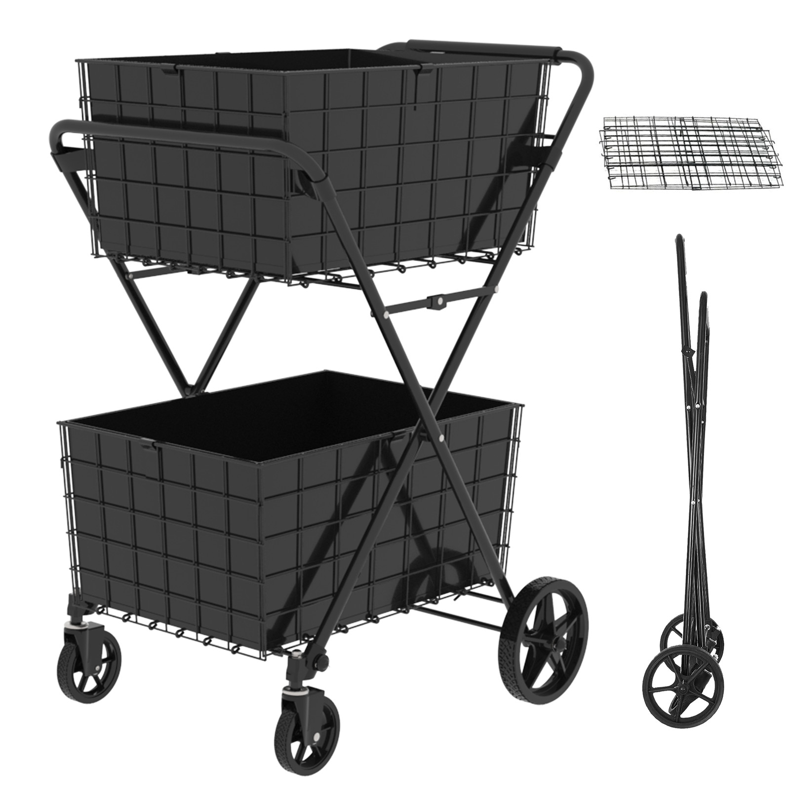 Foldable Utility Shopping Cart W/ 2 Baskets Utility Cart for Laundry Shopping