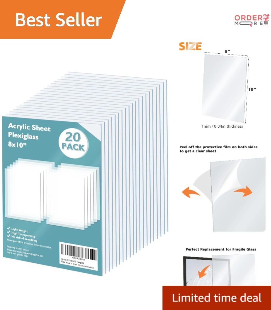 Plexiglass Sheets Clear 8×10 Inches 20 Pack Cuttable Crafting Replacement Glass