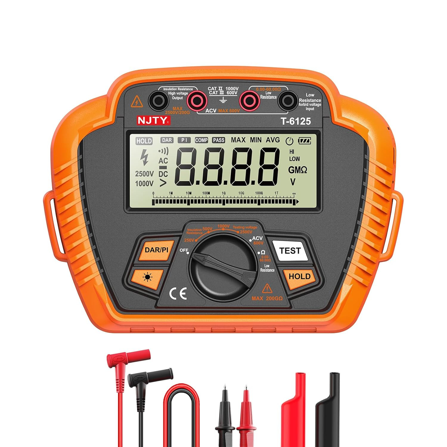 T6125 Digital 2500V Insulation Tester with Backlit LCD & Data Hold
