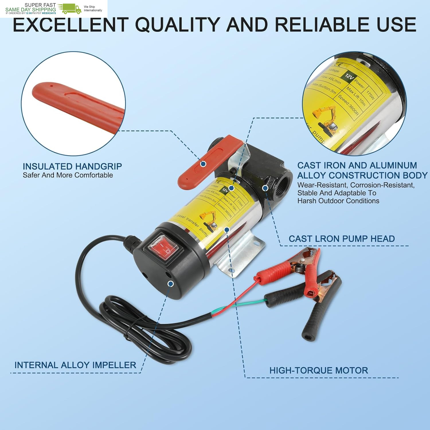 Diesel Fuel Transfer Pump Kit, 10 GPM 12V DC Portable Electric Self-Priming Fuel