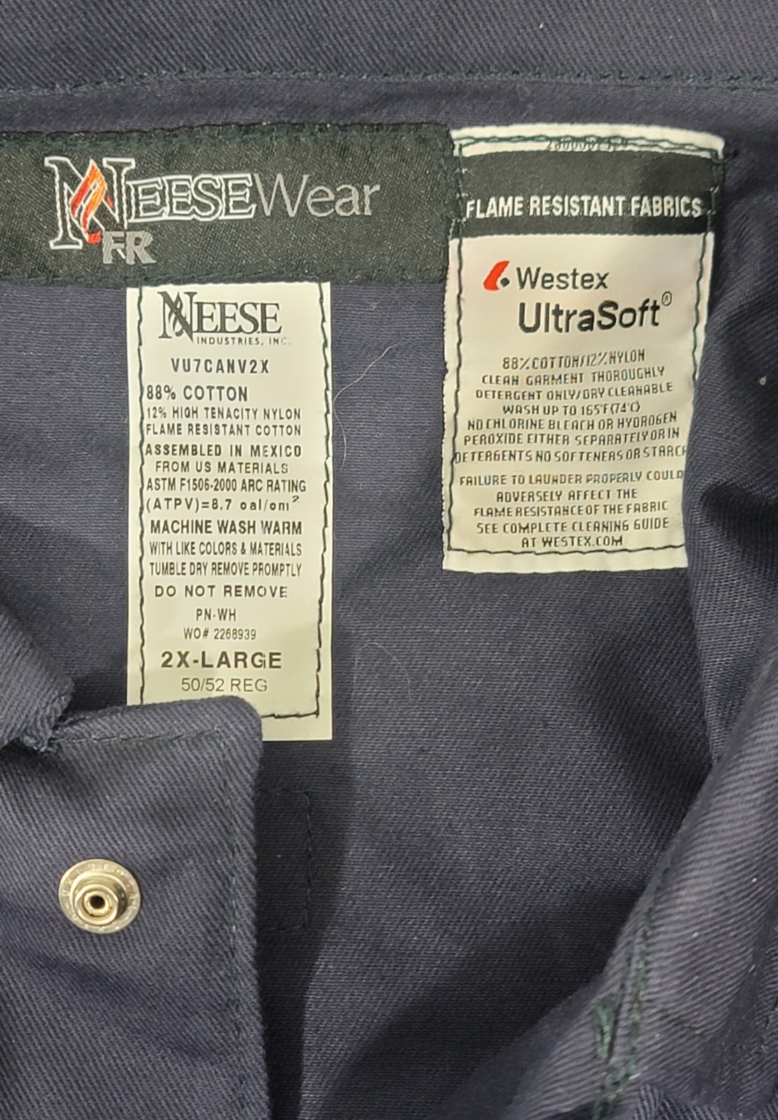 Neese VU7CANV2X Westex UltraSoft FR Men’s Coverall Navy Blue Size 2XL 50/52 Reg