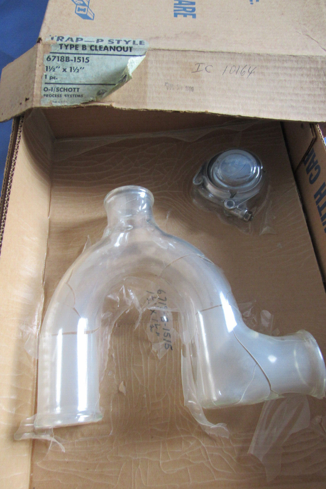 NOS O-I/Schott Kimax 6718-B-1515 Trap P-Style B Cleanout 1-1/2″ Drainline Glass