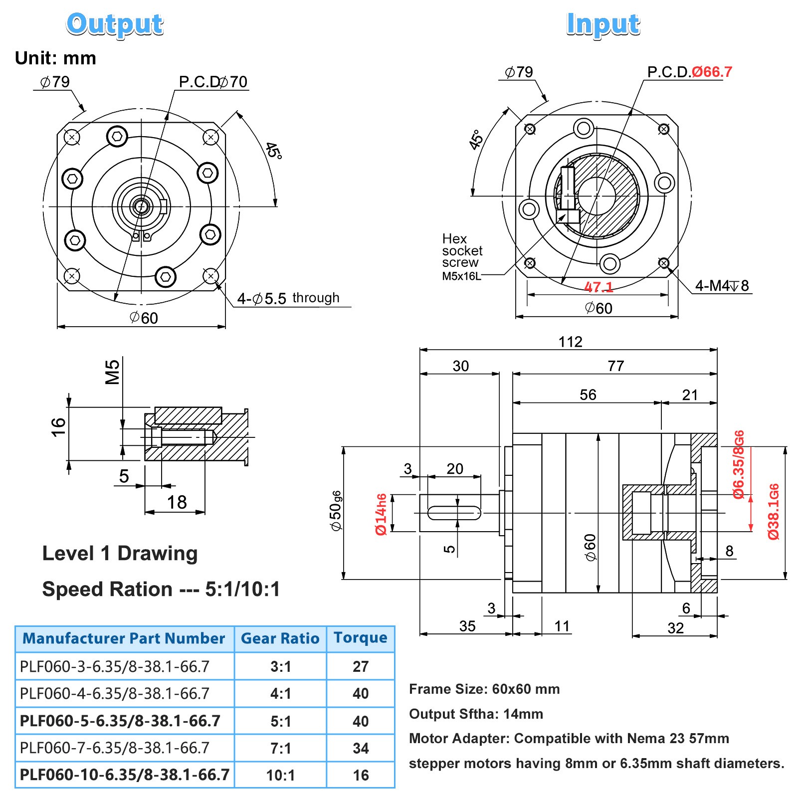 Planetary Gearbox Reducer Gearhead Nema23 High Torque 8mm Input Ratio 5~100:1